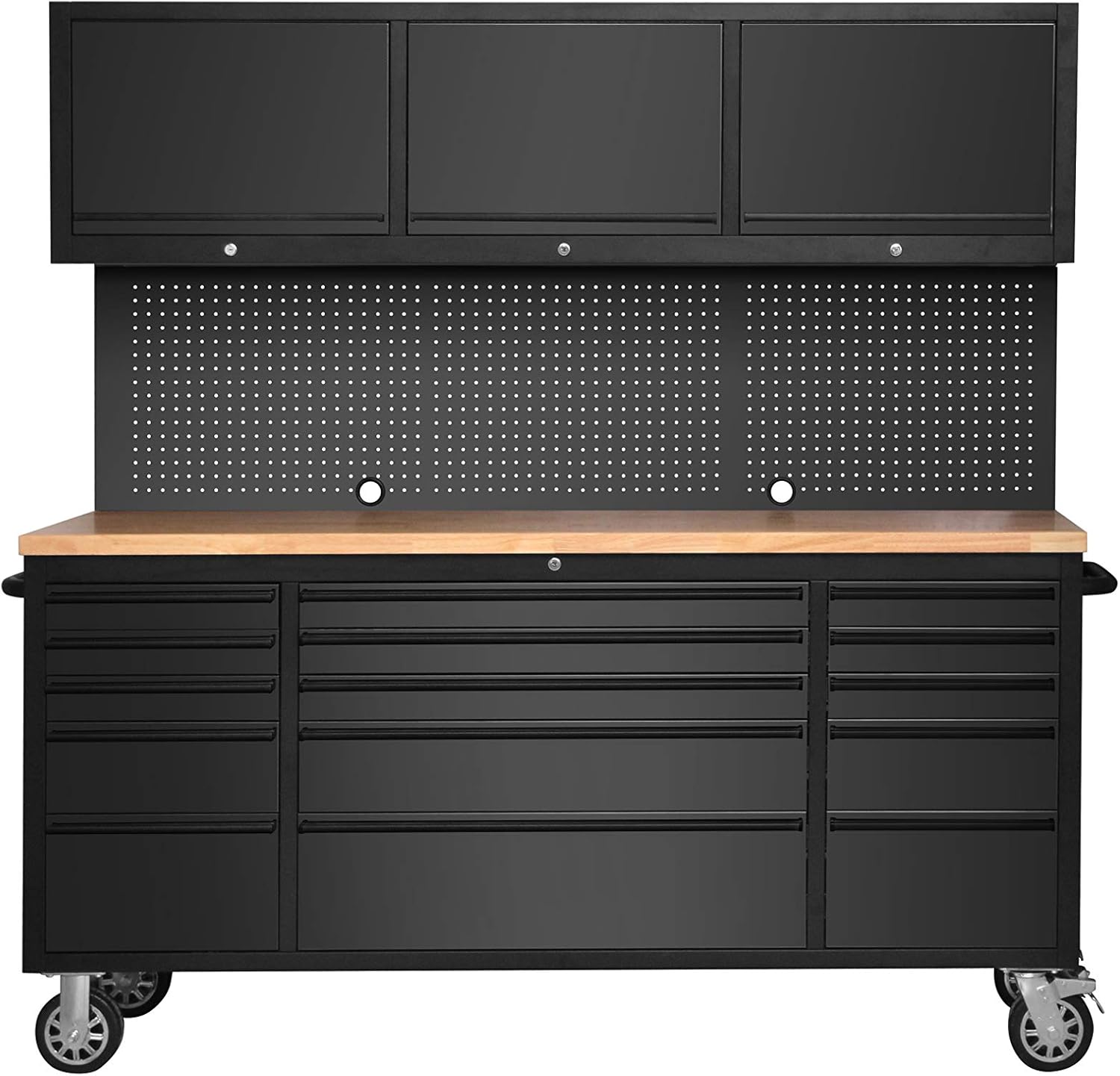 72" Matte Black Steel Tool Chest – 15 Drawers, Wooden Top, Upper Cabinets & Peg Board