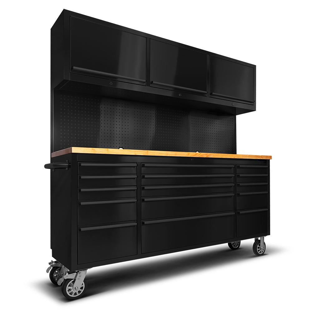 72" Matte Black Steel Tool Chest – 15 Drawers, Wooden Top, Upper Cabinets & Peg Board