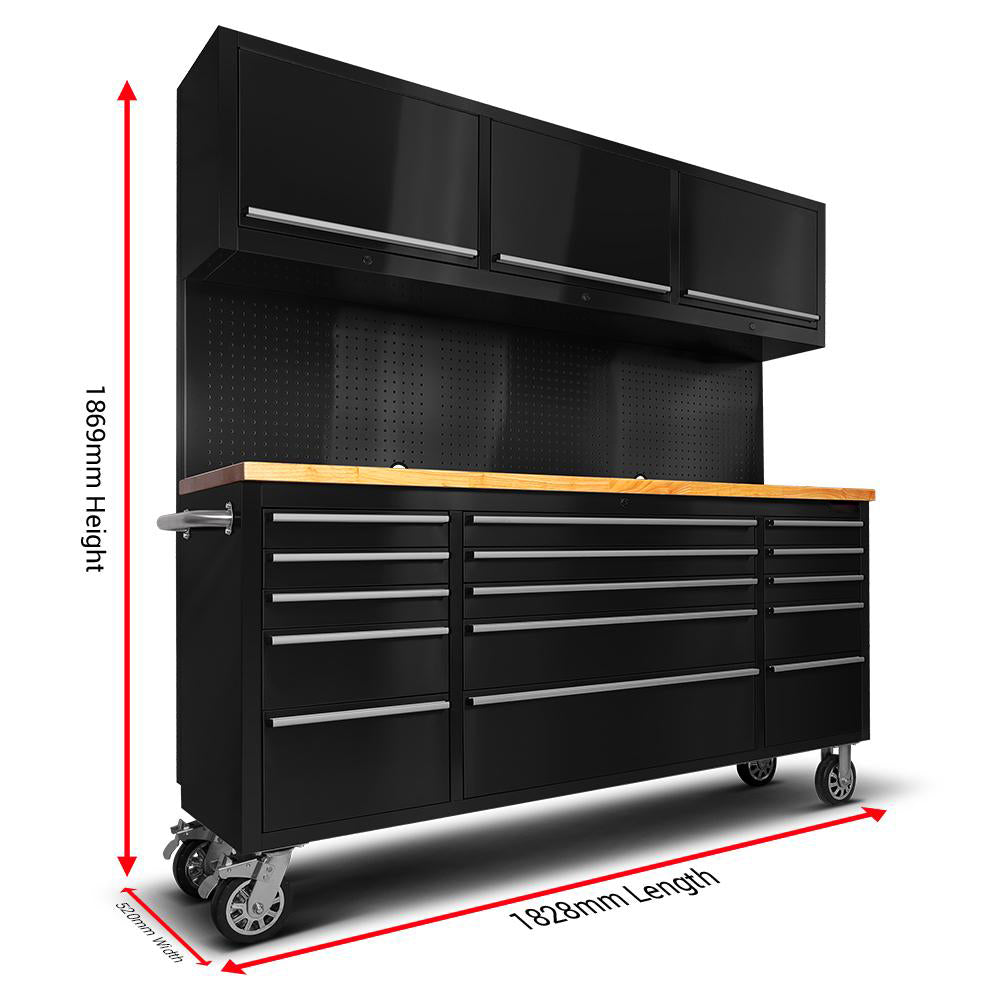 72" Matte Black Steel Tool Chest – 15 Drawers, Wooden Top, Upper Cabinets & Peg Board